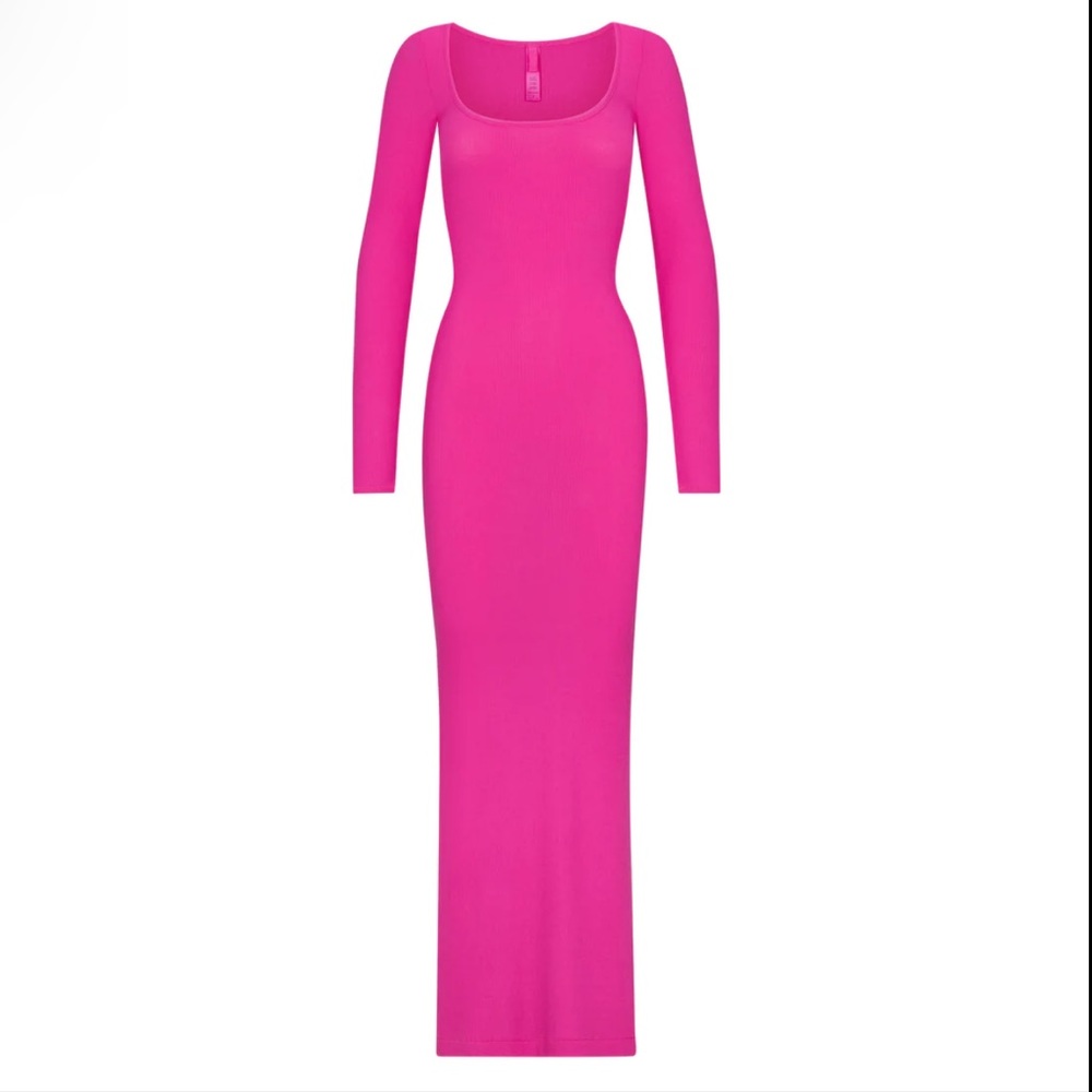 🆕SKIMS HOT PINK SOFT LOUNGE RIBBED LONG SLEEVE SQUARE NECK MERMAID MAXI DRESS